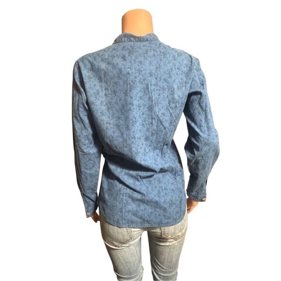 Pulp long-sleeve blue floral button-up pleated mandarin collar shirt M - Picture 2 of 4